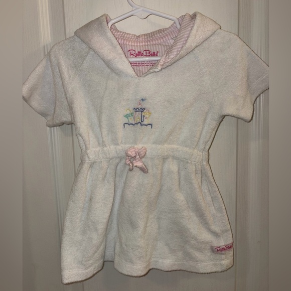 Ruffle Butts Other - Ruffle Butts White Hooded Towel Dress with Pink Trim